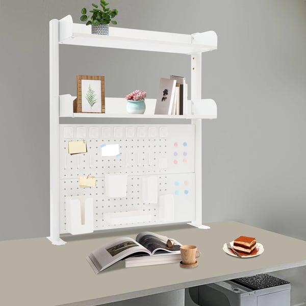 Skrivebordshylde med hulplade - Klemme-monteret - 80×12,5×95 cm - Til bordplade 10–45 mm - Stål & MDF - Hvid