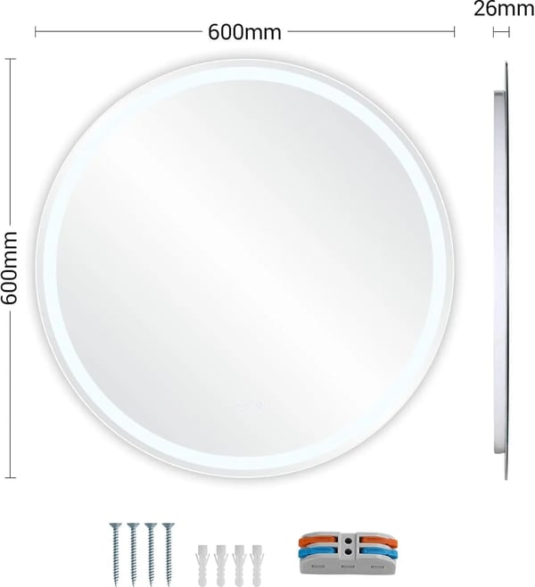LED Kylpyhuonepeili - Pyöreä 60 cm - Karkaistu Lasi - Kehyksetön - Huurtumaton - Himmennettävä Kosketuskytkin - 3 Valosävyä - RoHS-sertifioitu