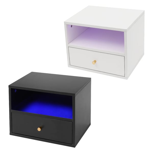 Svævende sengebord - Natbord - Væghængt - 1 udtræksskuffe - Smart styring - Justerbar LED stemningsbelysning - 45×30×35 cm - Sort