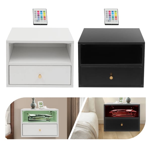 Svævende sengebord - Natbord - Væghængt - 1 udtræksskuffe - Smart styring - Justerbar LED stemningsbelysning - 45×30×35 cm - Sort