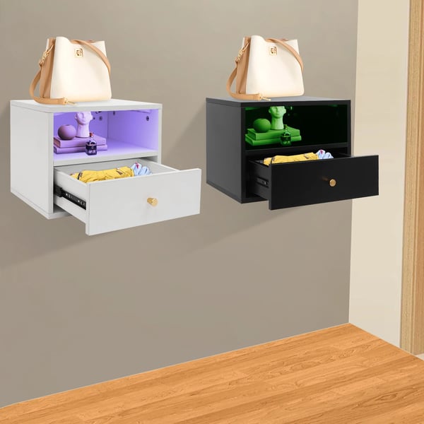 Svævende sengebord - Natbord - Væghængt - 1 udtræksskuffe - Smart styring - Justerbar LED stemningsbelysning - 45×30×35 cm - Sort