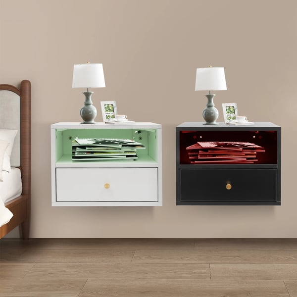 Svævende sengebord - Natbord - Væghængt - 1 udtræksskuffe - Smart styring - Justerbar LED stemningsbelysning - 45×30×35 cm - Sort