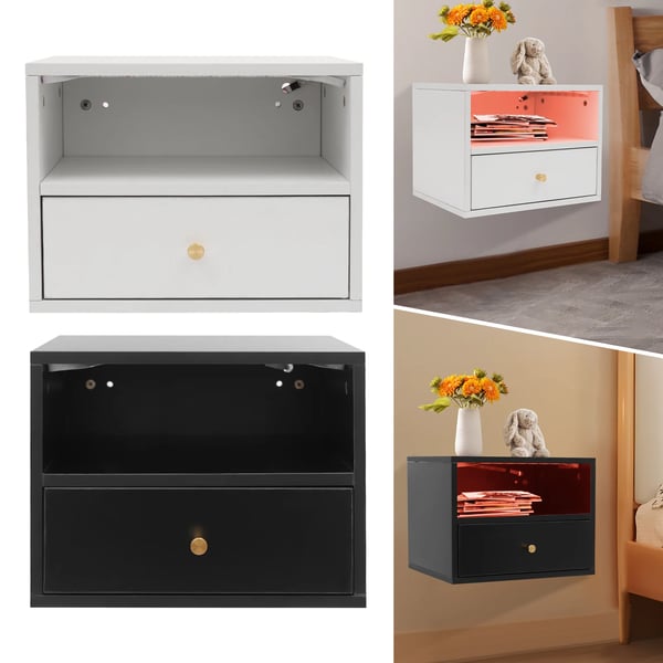 Svævende sengebord - Natbord - Væghængt - 1 udtræksskuffe - Smart styring - Justerbar LED stemningsbelysning - 45×30×35 cm - Sort
