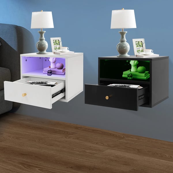 Svævende sengebord - Natbord - Væghængt - 1 udtræksskuffe - Smart styring - Justerbar LED stemningsbelysning - 45×30×35 cm - Sort