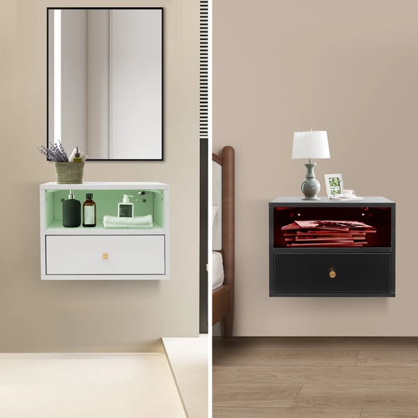 Svævende sengebord - Natbord - Væghængt - 1 udtræksskuffe - Smart styring - Justerbar LED stemningsbelysning - 45×30×35 cm - Sort