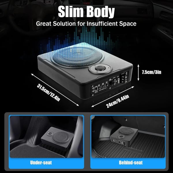 Bil Subwoofer Under Sædet - Aktiv Med Forstærker - Effekt 200 W RMS/300 W Max - Bas 20 cm - Frekvens 30–100 Hz - Mål 31,5×24×7,5cm - Sort