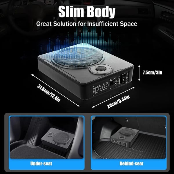 Bil Subwoofer Under Sædet - Aktiv Med Forstærker - Effekt 200 W RMS/300 W Max - Bas 20 cm - Frekvens 30–100 Hz - Mål 31,5×24×7,5cm - Sort