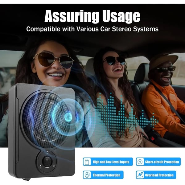 Bil Subwoofer Under Sædet - Aktiv Med Forstærker - Effekt 200 W RMS/300 W Max - Bas 20 cm - Frekvens 30–100 Hz - Mål 31,5×24×7,5cm - Sort