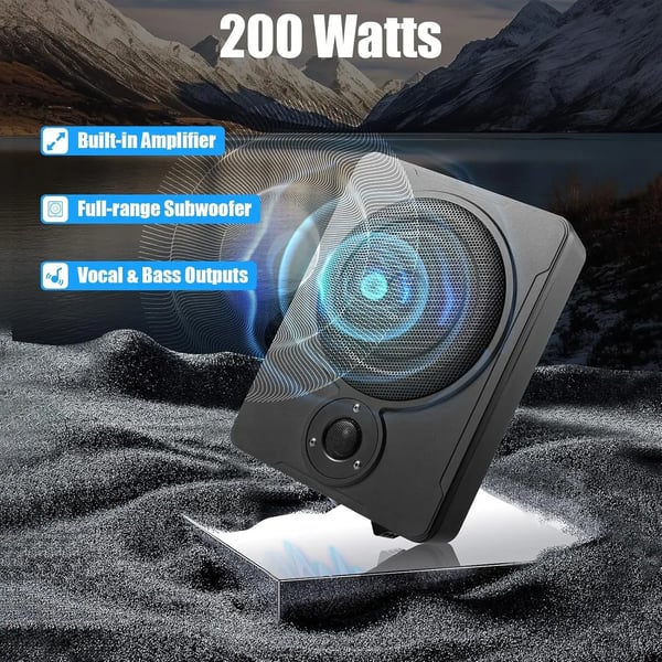 Bil Subwoofer Under Sædet - Aktiv Med Forstærker - Effekt 200 W RMS/300 W Max - Bas 20 cm - Frekvens 30–100 Hz - Mål 31,5×24×7,5cm - Sort