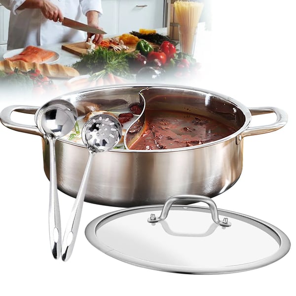 Shabu Hot Pot - Yin-Yang gryde - 304 rustfrit stål - 32 cm - Dobbelt opdeler - Til suppe/fondue