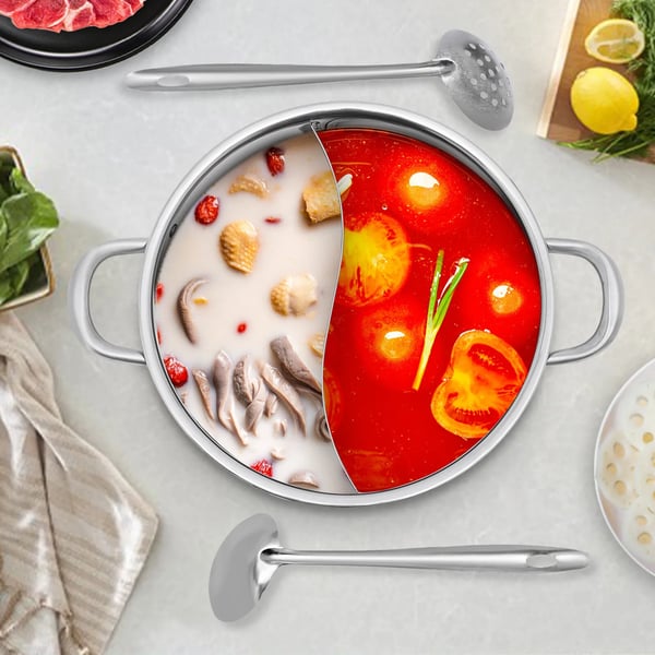 Shabu Hot Pot - Yin-Yang gryde - 304 rustfrit stål - 32 cm - Dobbelt opdeler - Til suppe/fondue