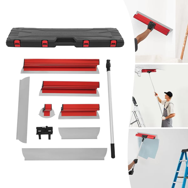 Spartelsæt til gips - Glittespartelblade - 3 størrelser 35/60/80 cm - Rustfrit stål 0,4 mm - Teleskopskaft 87–156 cm - Sølv