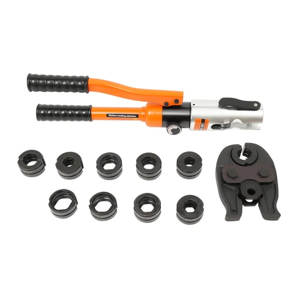 Hydraulisk presstang til rør - Manuel - 10 ton - 10 sæt presbakker V/M 12–28 mm - Sekskantpresning - Med kuffert - Orange