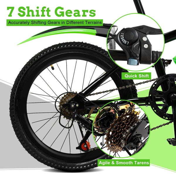 Børne MTB-cykel - Mountainbike - 50 cm Hjul - 7 Gear - Alu-ramme - Kulstoffælge - Foran Kaliperbremse & Bag V-bremse - Til 130–150 cm - Grøn