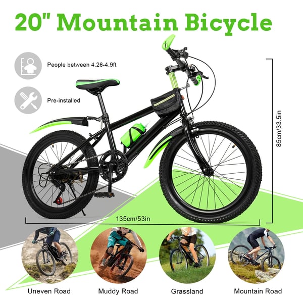 Børne MTB-cykel - Mountainbike - 50 cm Hjul - 7 Gear - Alu-ramme - Kulstoffælge - Foran Kaliperbremse & Bag V-bremse - Til 130–150 cm - Grøn