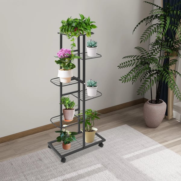 Planteholder - Metal plantehylde - 6 niveauer - Med hjul - Til have, altan, kontor - Montering kræves - Sort