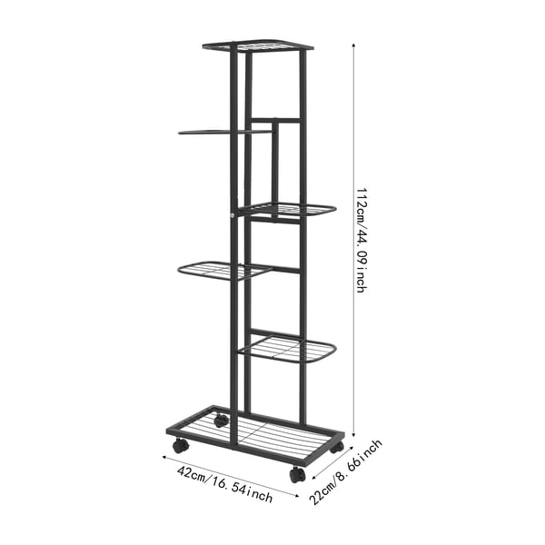 Planteholder - Metal plantehylde - 6 niveauer - Med hjul - Til have, altan, kontor - Montering kræves - Sort