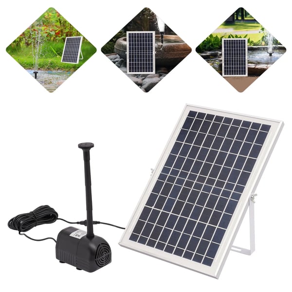 Solcelle springvandspumpe - Havedam & akvarium - 1000 l/t - 17V 10W solpanel - Løftehøjde >2,5 m - Max vandhøjde 200 cm - Uden batteri - Sort
