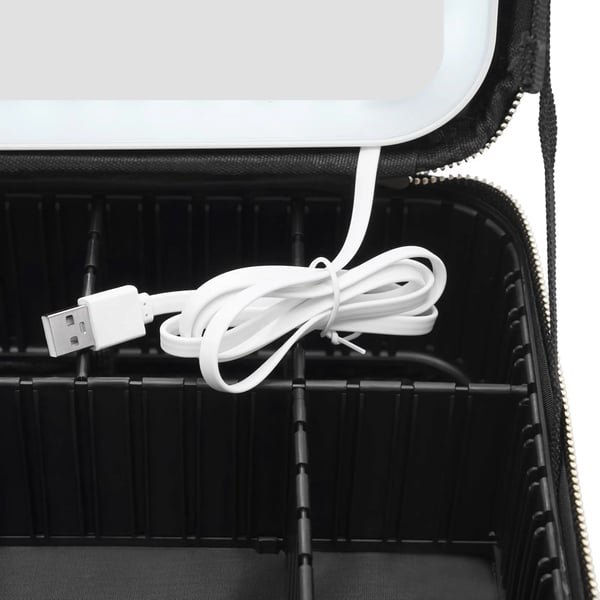LED meikkilaukku - Matkakosmetiikkalaukku - Suuri peili 23,5×20,5 cm - 3 valotilaa - Säädettävä kirkkaus - Säädettävät jakajat - PU-nahka - Musta