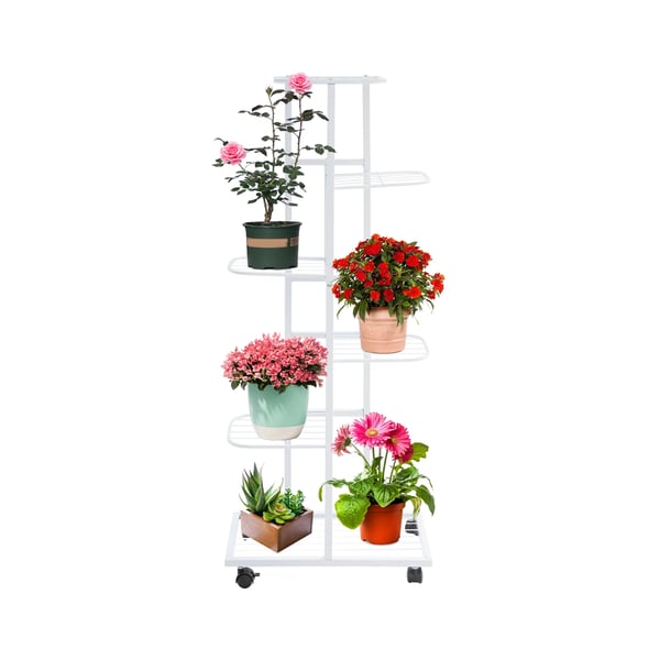 Kasviteline - 6-tasoinen kukkahylly - 4 Pyörää Jarruilla - Rauta - Kantavuus/Taso 2,5–5 kg - 42×22×112 cm - Sisä/Ulko - Valkoinen