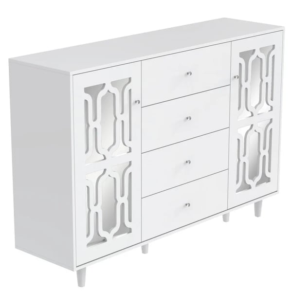 Sideboard - Förvaringsskåp - Spegelglas - Kristallhandtag - Fristående - Vardagsrum & Matsal - Mått 147,5×40×102 cm - Vit