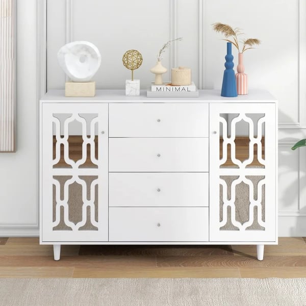 Sideboard - Opbevaringsskab - Spejlglas - Krystalgreb - Fritstående - Stue & Spisestue - Mål 147,5×40×102 cm - Hvid