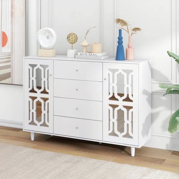 Sideboard - Opbevaringsskab - Spejlglas - Krystalgreb - Fritstående - Stue & Spisestue - Mål 147,5×40×102 cm - Hvid