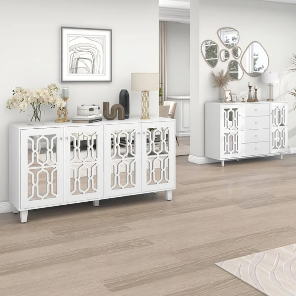Sideboard - Opbevaringsskab - Spejlglas - Krystalgreb - Fritstående - Stue & Spisestue - Mål 147,5×40×102 cm - Hvid