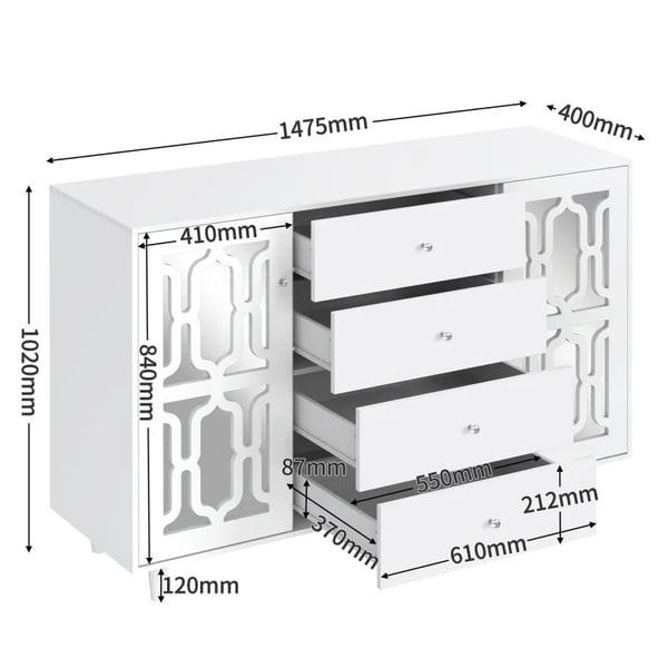 Sideboard - Opbevaringsskab - Spejlglas - Krystalgreb - Fritstående - Stue & Spisestue - Mål 147,5×40×102 cm - Hvid