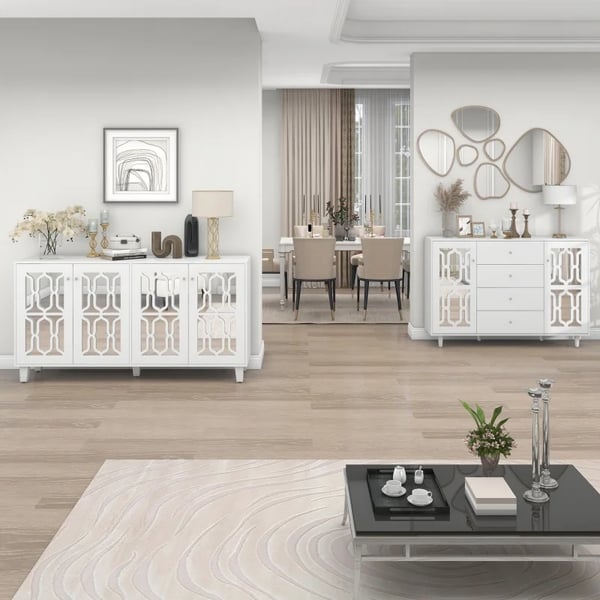Sideboard - Opbevaringsskab - Spejlglas - Krystalgreb - Fritstående - Stue & Spisestue - Mål 147,5×40×102 cm - Hvid