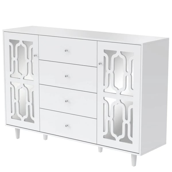 Sideboard - Opbevaringsskab - Spejlglas - Krystalgreb - Fritstående - Stue & Spisestue - Mål 147,5×40×102 cm - Hvid
