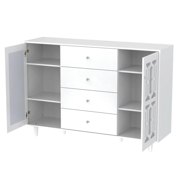 Sideboard - Opbevaringsskab - Spejlglas - Krystalgreb - Fritstående - Stue & Spisestue - Mål 147,5×40×102 cm - Hvid