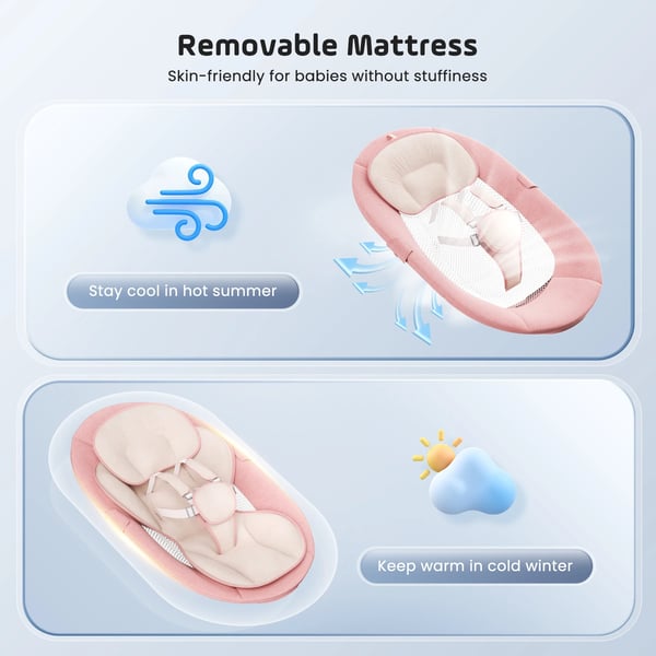 Elektrisk babygynge - Vugge - App & fjernbetjening - 5 hastigheder - 3 timere - 10 melodier, Bluetooth - Max 10 kg - 0–12 mdr - Rød