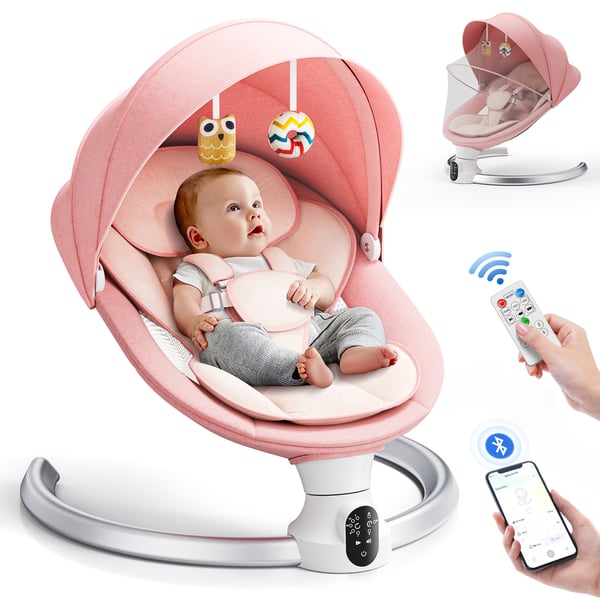 Elektrisk babygynge - Vugge - App & fjernbetjening - 5 hastigheder - 3 timere - 10 melodier, Bluetooth - Max 10 kg - 0–12 mdr - Rød