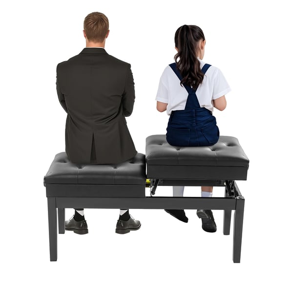 Pianobänk - Dubbelsits - Justerbar höjd upp till 10 cm - Förvaring under sitsen - Högelastisk skumstoppning - PU-läder - 108×39×48 cm - Svart