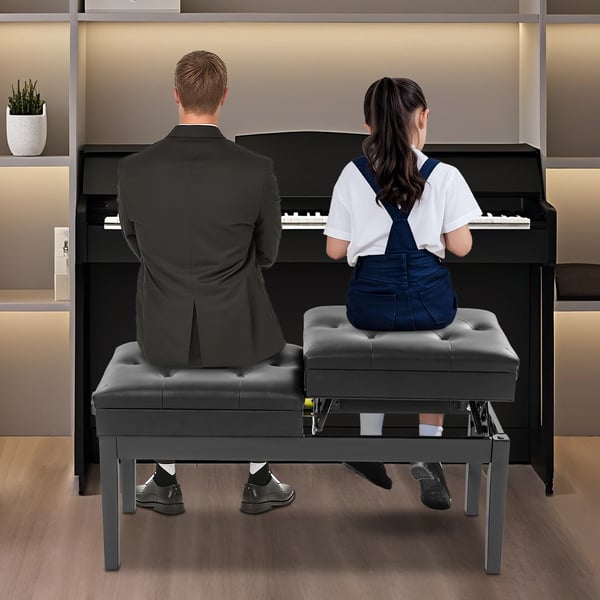Pianobænk - Dobbelt - Højdejusterbar op til 10 cm - Opbevaring under sædet - Højelastisk skumpolstring - PU-læder - 108×39×48 cm - Sort