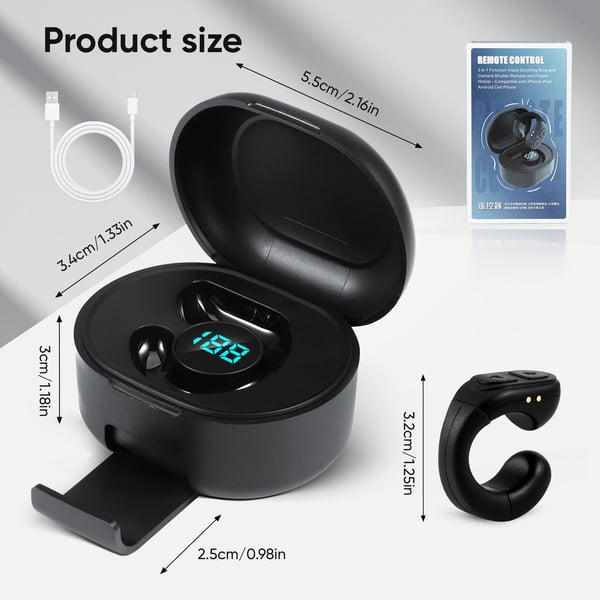 Sormus-kaukosäädin - Bluetooth sivunkääntäjä ja kameran etälaukaisin - Akunkesto 60 h - Yleinen älypuhelimille - CE-hyväksytty