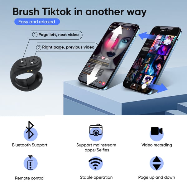 Sormus-kaukosäädin - Bluetooth sivunkääntäjä ja kameran etälaukaisin - Akunkesto 60 h - Yleinen älypuhelimille - CE-hyväksytty