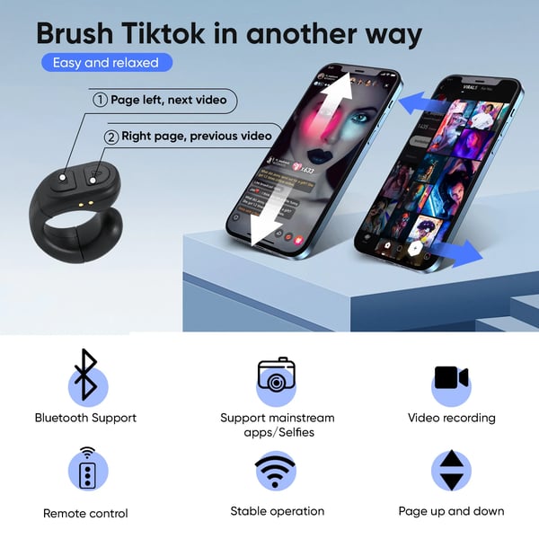 Sormus-kaukosäädin - Bluetooth sivunkääntäjä ja kameran etälaukaisin - Akunkesto 60 h - Yleinen älypuhelimille - CE-hyväksytty