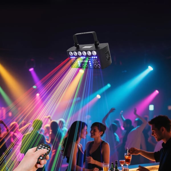 DJ Diskolys - LED Scenelys - Med 27 Linser - RGB + UV - DMX & Fjernbetjening - AC 220 V - CE - Sort