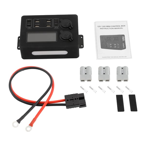 Strømfordelingsboks til autocamper - Mini elfordelingspanel 12V DC - USB- & PD-udgange - 50A hurtigtilslutning - ABS-plast - 17×5,75×12 cm - Sort