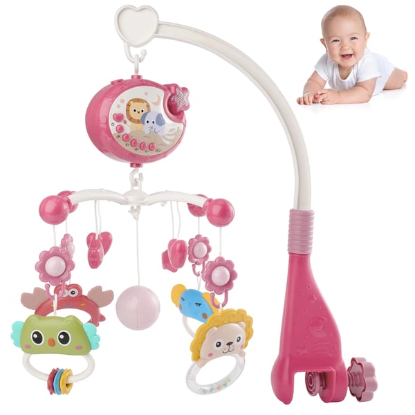 Baby uro til tremmeseng - Musikuro med projektor - Blinkende lys - Dyrefigurer - CE-certificeret - 7–12 mdr - Lyserød