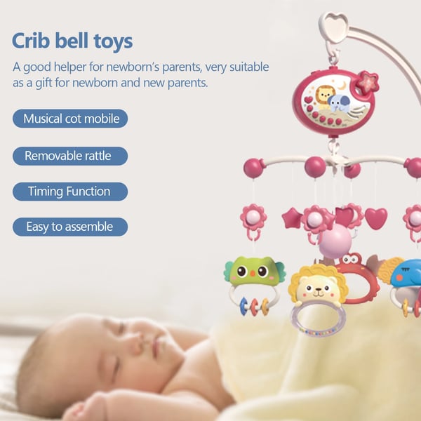 Baby uro til tremmeseng - Musikuro med projektor - Blinkende lys - Dyrefigurer - CE-certificeret - 7–12 mdr - Lyserød