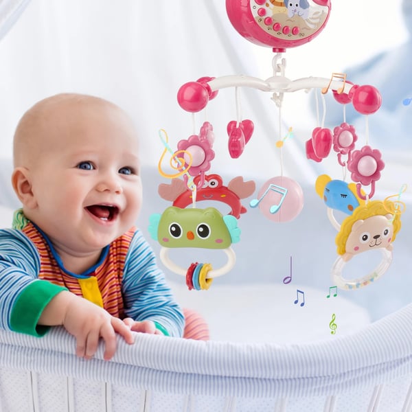 Baby uro til tremmeseng - Musikuro med projektor - Blinkende lys - Dyrefigurer - CE-certificeret - 7–12 mdr - Lyserød