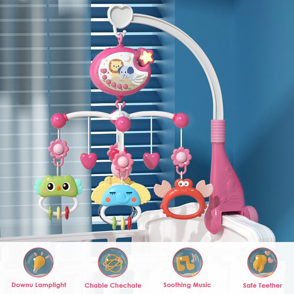 Baby uro til tremmeseng - Musikuro med projektor - Blinkende lys - Dyrefigurer - CE-certificeret - 7–12 mdr - Lyserød