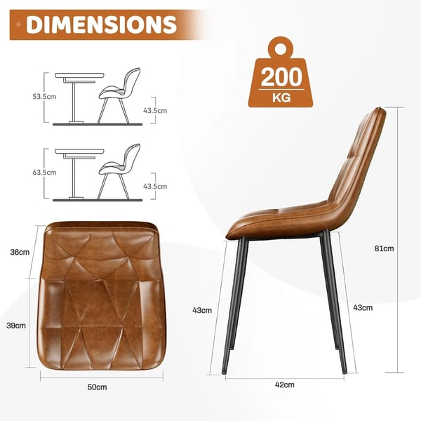 Spisestuestole - 2-pak - PU-læder, polstrede - Ergonomiske - Armløse - Ringhåndtag på ryg - 81x57x50 cm - Brun