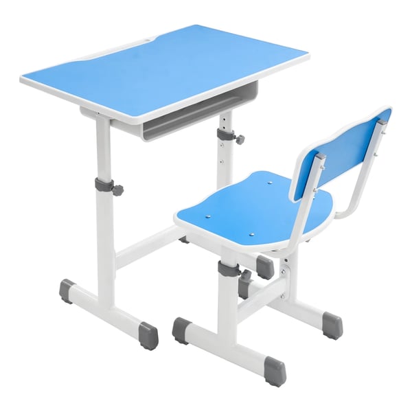 Højdejusterbart børneskrivebord med stol - Sæt - 70×50 cm bordplade - Stol 36–42 cm - Stål & miljøvenlig plade - 300 kg bæreevne - Blå/hvid