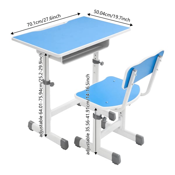 Korkeussäädettävä lasten työpöytä ja tuoli - Setti - 70×50 cm taso - Tuoli 36–42 cm - Teräs & eko-levy - 300 kg kantavuus - Sinivalkoinen