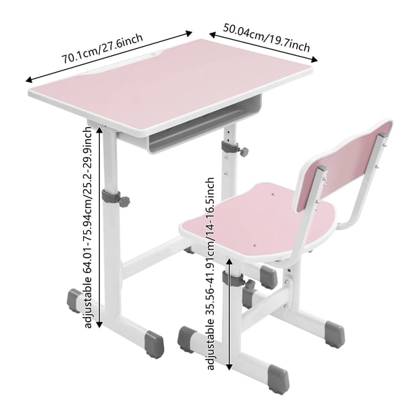Lasten kirjoituspöytä tuolilla - Opiskelupöytä - Pöytälevy 70×50 cm - Korkeussäädettävä tuoli 36–42 cm - Max 300 kg - Vaaleanpunainen/valkoinen