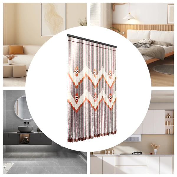 Dørforhæng snorgardin - Perlegardin - 0,9×1,3 m - 60 snore, 1 panel - Høj afskærmning 70–90% - Bambus & træ - Kaffebrun